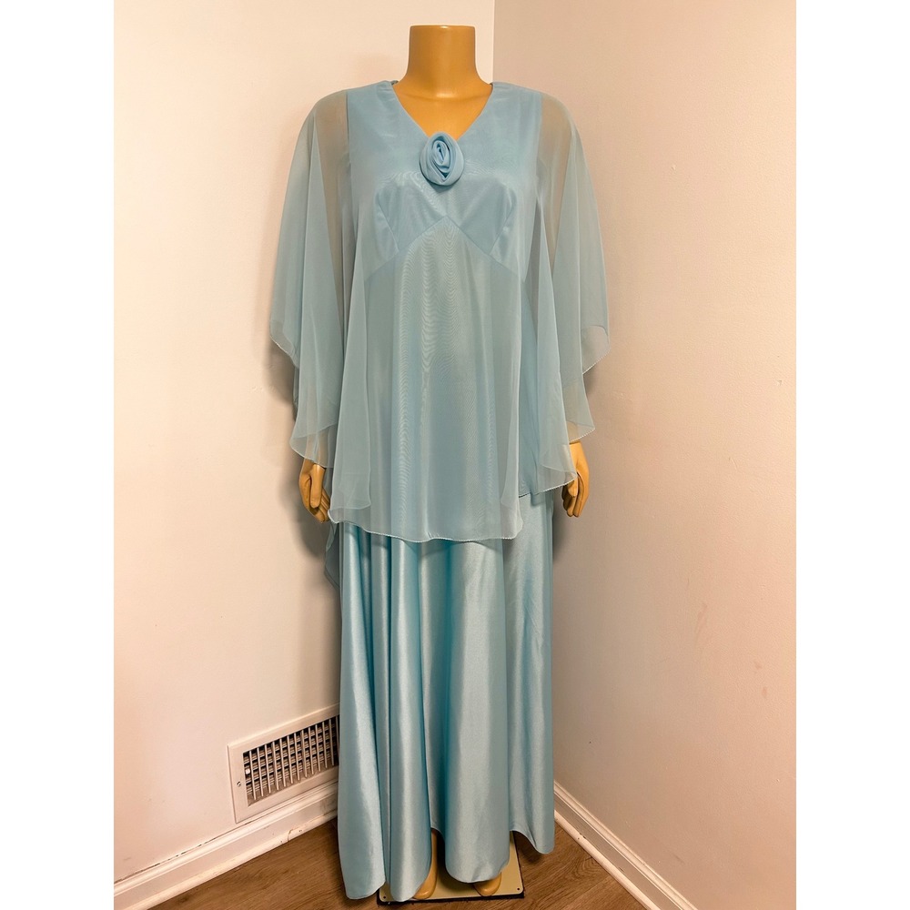 Vintage 70s ILGWU Blue Maxi Gown Sheer Cape Rosette Formal Dress Size 14